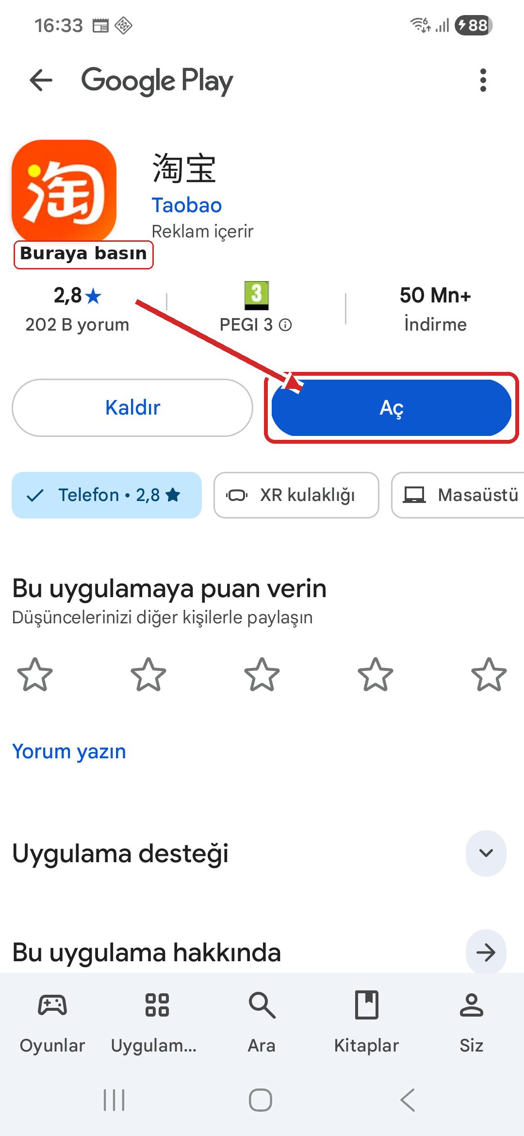 Play Store’da Taobao, mavi düğmeye ok