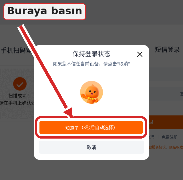 Oturumu tut penceresinde turuncu düğmeye ok