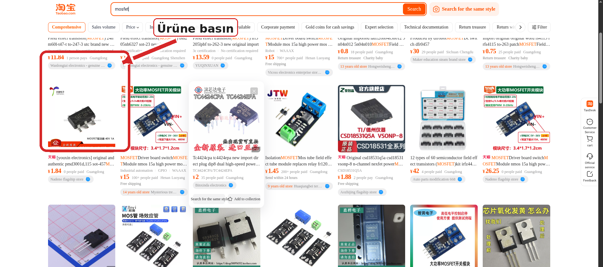 Arama sonucunda bir ürün kartına ok